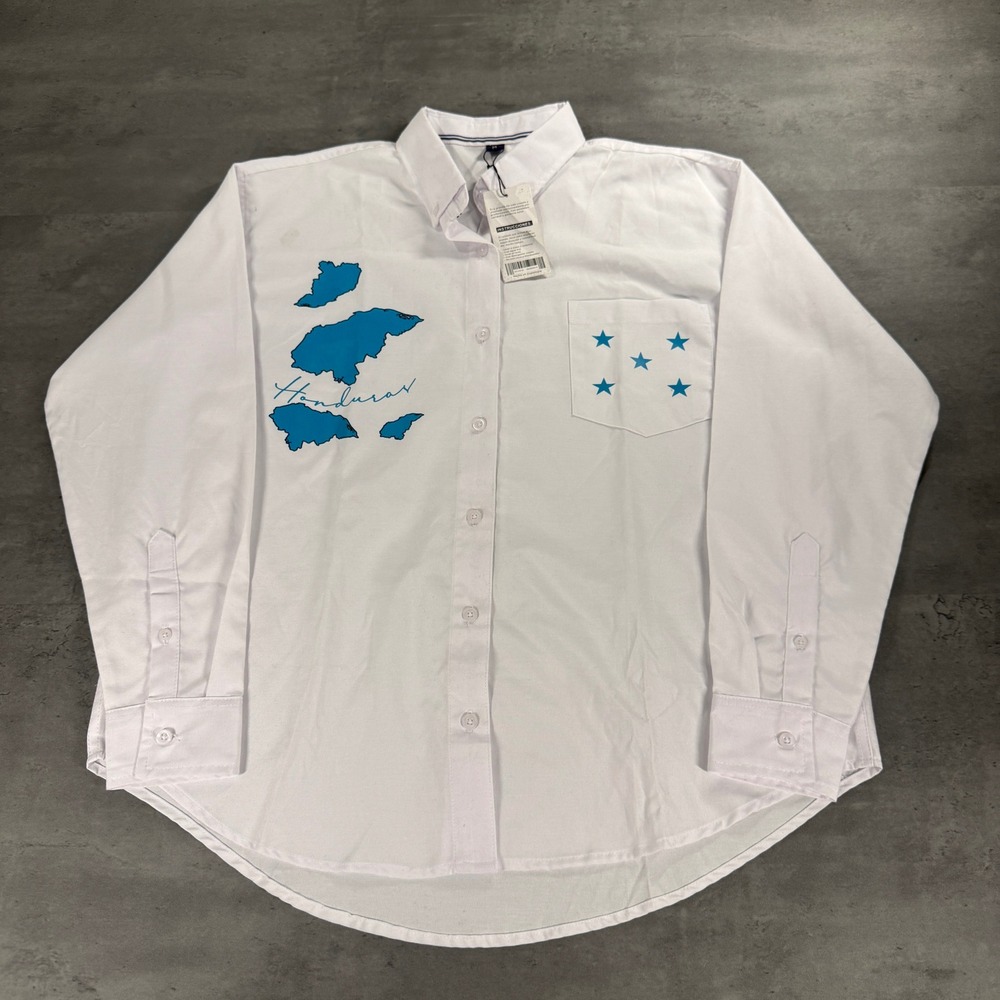 Honduras Graphic Shirt Men M White Blue Map Stars Button Down Travel Tourist